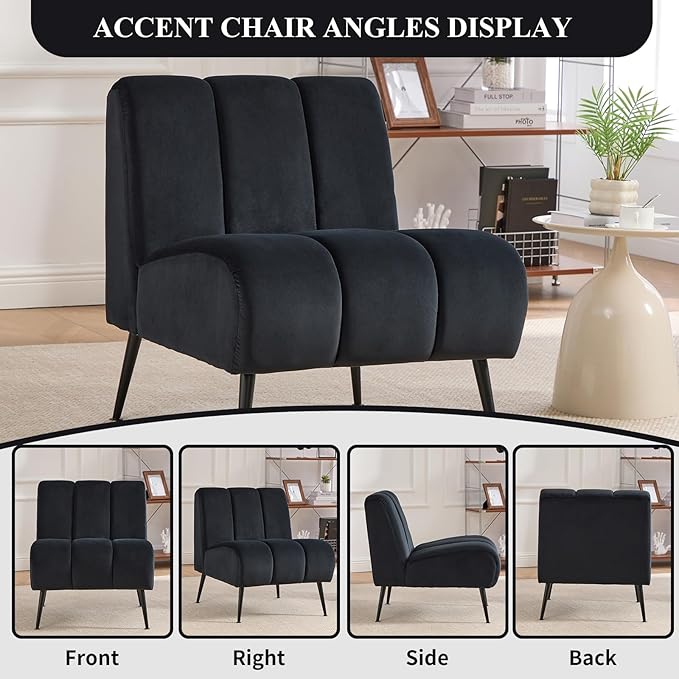 Modern Accent Chair Velvet Upholstered Fuzzy Club Chairs with Tufted Design Comfy Living Room Chair with Metal Legs Padded Reading Chair for Reading Room (Black-Velvet)