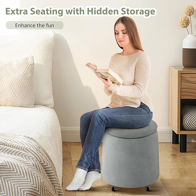 Storage Ottoman with Wheels 15W Swivel Rolling Foot Stool Boucle Terry Fabric Coffee Table Ottoman with Hidden Storage Round Vanity Stools for Makeup Room Living Room Bedroom Entryway Dorm Grey