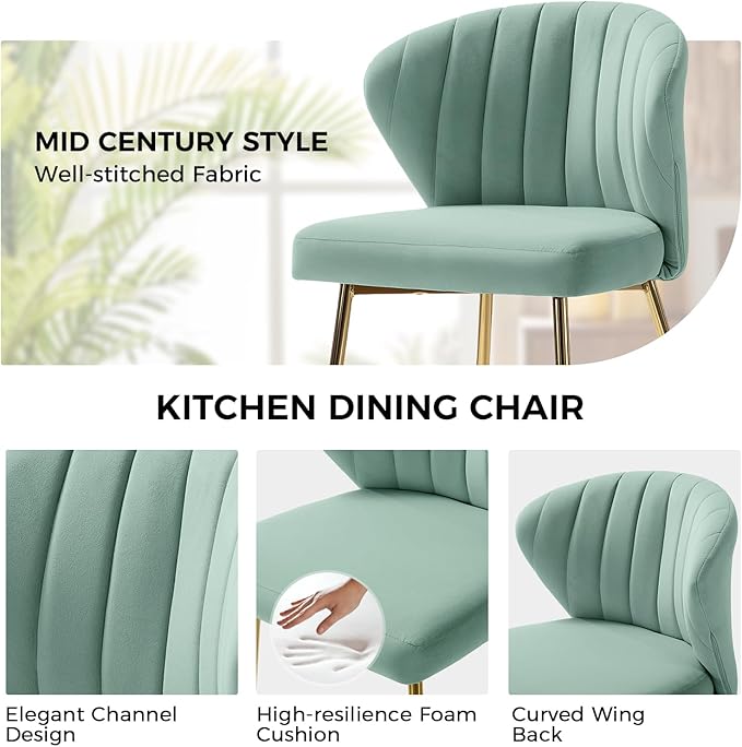 HULALA HOME Velvet Dining Chairs Modern Small Armless Accent Chair with Gold Metal Legs Living Room Upholstered Cute Side Chair Elegant Tufted Back Vanity Chair for Bedroom/Beauty Room-SAGE
