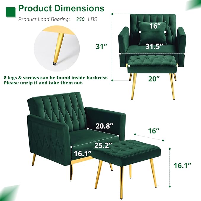 Velvet Accent Chair with Adjustable Armrests and Backrest Button Tufted Lounge Chair Single Recliner Armchair with Ottoman and Pillow for Living Room Bedroom Green