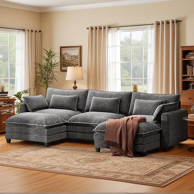 Marsail Modular Sectional Sofa 110.6 U-Shaped Modern Comfy Cloud Couch 5-Seat Chenille Deep Seat Sofa with Throw Pillow &amp Movable Ottoman for Living Room Bedroom and Apartment Charcoal Gray