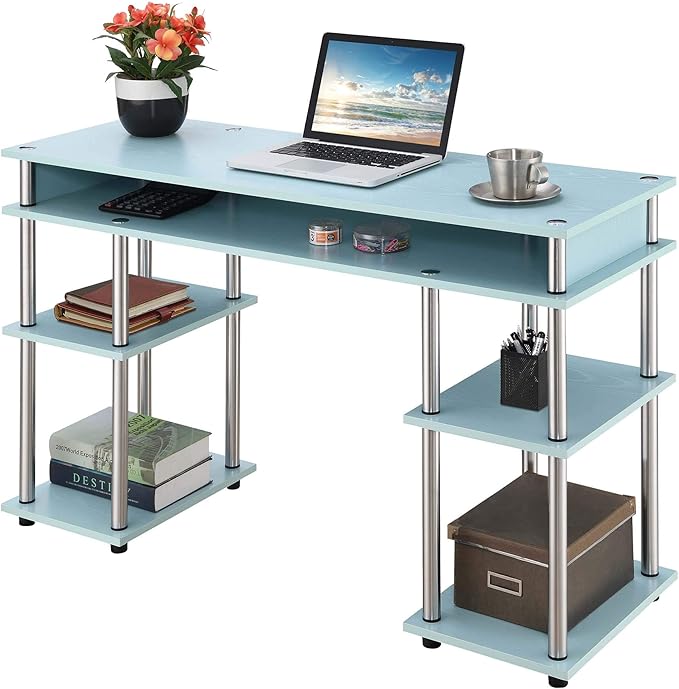 Convenience Concepts Designs2Go No Tools Desk Home Office Desk with Shelves Corner Shelf Vanity Desk Computer Desk Nail Table for Nail Tech - 47.25 L x 15.75 W x 30 H Sea Foam