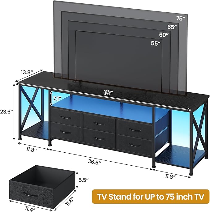 BTHFST TV Stand with LED Lights &amp Power Outlets for TVs up to 80 Inches 6 Fabric Drawers Entertainment Center with Open Storage Shelves 63 TV Media Console Table for Living Room Bedroom Blac