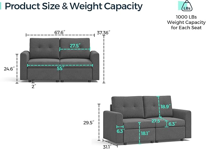 LINSY HOME Modular Loveseat Sofa - Love Seat Sectional Deep Seat Couches with Storage Seats Modern Comfy Couch for Living Room Bedroom Apartment Office Dark Grey