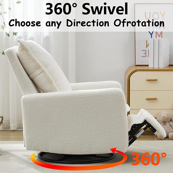 Lazy Boy Glider Recliner Nursery Chair with Comfy Cushion Swivel Rocking Recliner for Small Spaces Boucle (White)
