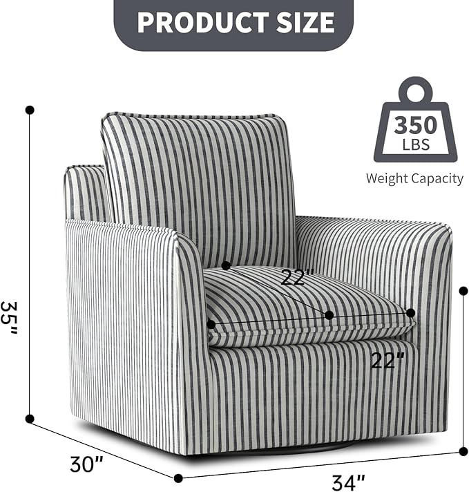 Bonzy Home 34 Swivel Accent ChairWide Upholstered Square Armchair with Thick Padded Backrest Cushion Swivel Reading Chair for Living Room Bedroom Small Spaces Blue Stripe