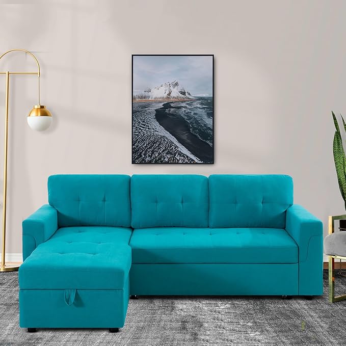 Naomi Home 85 in. Convertible Sofa with Storage Reversible L Shape Sofa Couch with Chaise Comfy Couches for Living Room Teal/Velvet