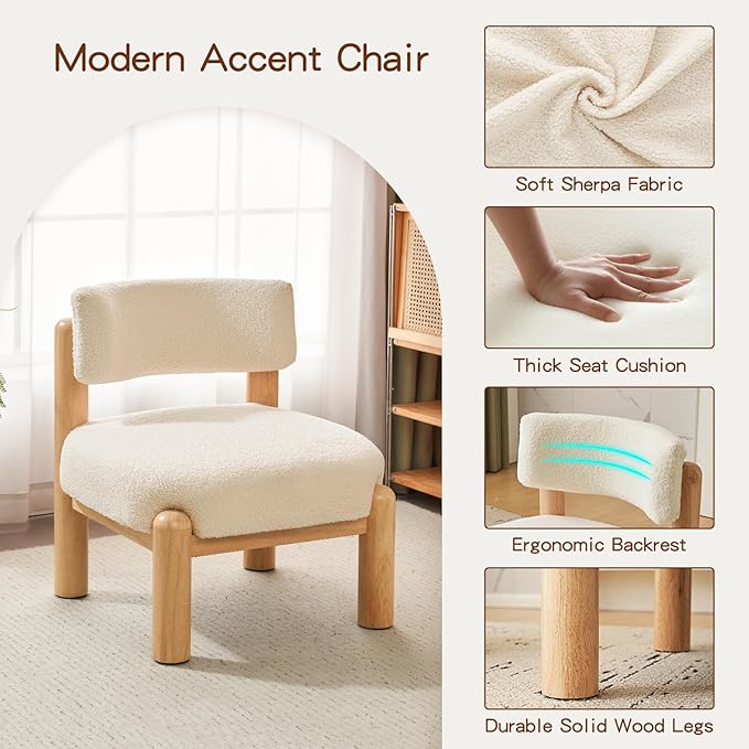 Furniliving Mid Century Accent Chair Armless Upholstered Living Room Chair with Solid Wood Comfy Modern Lounge Chairs for Bedroom Home Office Dining Room Reading Room Beige White