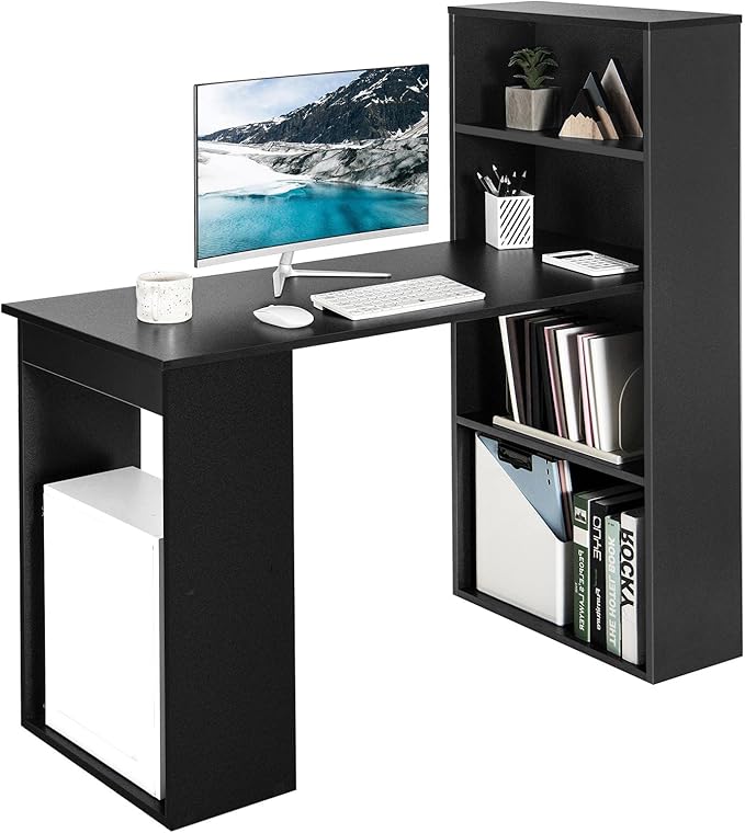 IFANNY Black Computer Desk w/Bookshelf Modern Home Office Desk w/Storage Shelves &amp CPU Stand Space-Saving Design Compact Corner Computer Workstation for Small Spaces