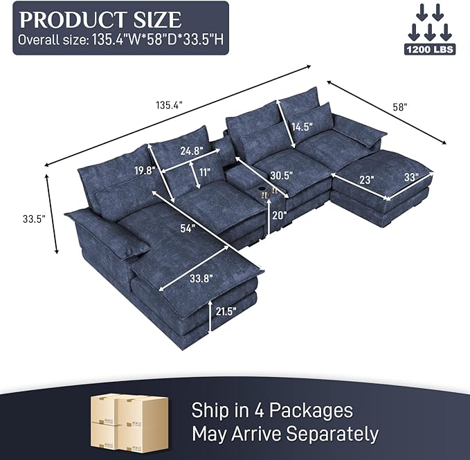 OUYESSIR 135 U Shaped Sectional Cloud CouchBlue Sectional Couches for Living RoomComfy Fluffy Chenille Oversized Cloud CouchModular Sectional Sofa with Central Console &amp Double Chaise Lounge