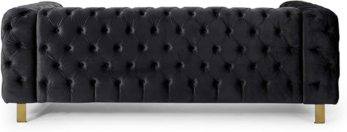 Tufted Velvet Sofa Couch for Living Room Upholstered Tuxedo Arm 3-Seater Sofa Couch with Golden Legs Chesterfield Sofa Apartment Office Studio Black