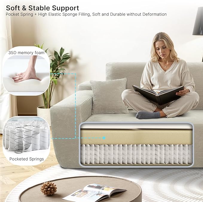 105 L-Shaped Boneless Couch Cloud Sectional Couches for Living Room Corduroy Sleeper Sofa with Chaise Modular Sectional Sofa Bed No Assembly(CamelRight)