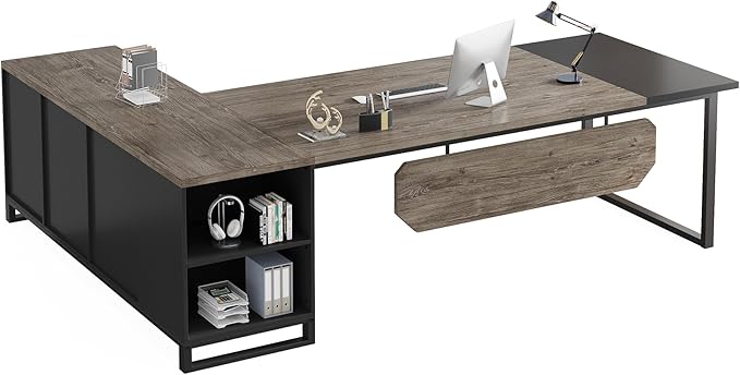 Tribesigns 70.8 Executive Desk with 55 File Cabinet Industrial L Shaped Computer Desk with Storage Shelves and Cabinet Large L Shaped Executive Desk for Home Office Retro Gray &amp Black