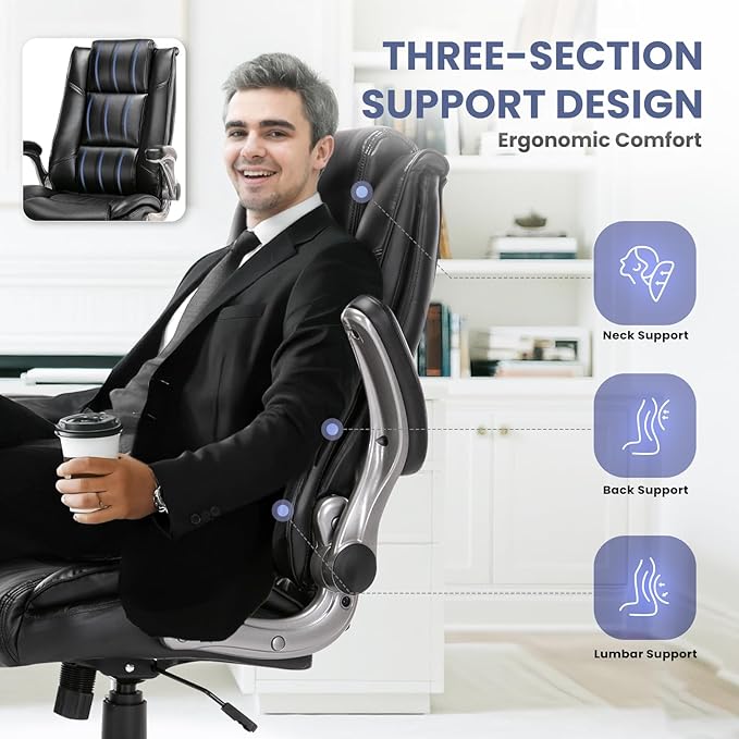 COLAMY Leather Executive Office Chair - High Back Home Computer Desk Chair with Padded Flip-up Arms Adjustable Tilt Lock Swivel Rolling Ergonomic Chair for Adult Working Study Black