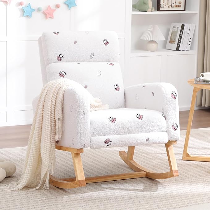 Rocking Chair Nursery with Foot Rest Nursing Rocking Chairs for Mom Breastfeeding Teddy Rocker Glider Chair with High Backrest for Living Room Bedroom Cow Printed White