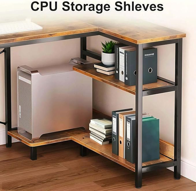 47'' Home Office Desks Corner Gaming Desks with Power Outlets Black Brown Reversible L Shaped Computer Desk with Monitor Stand Storage Shelves and Side Bag for Home Office Bedroom Small Space