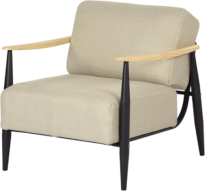 Homy Casa Mid-Century Modern Accent Chair with Fabric Upholstery Solid Wood Armrests and Sturdy Metal Frame Comfy Lounge Chair for Living Room Bedroom Reading Corner or Office (Beige-Oak)