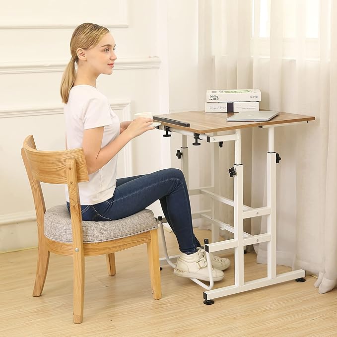 SDADI L101XWFDT Adjustable-Height Steel-Framed Mobile Standing Office Computer Desk with 2 Tiers and Lockable Caster Wheels Dark Grain