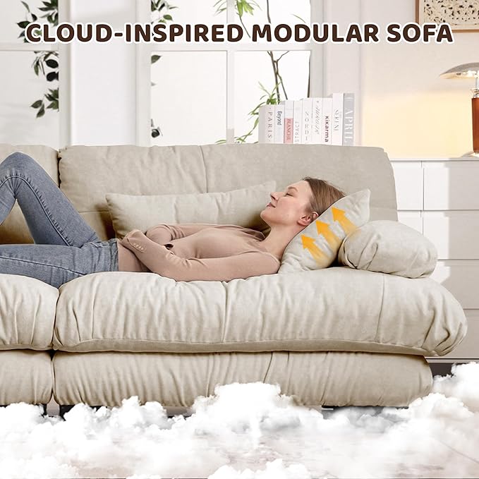 94.4 L-Shape Modular Cloud Sectional Sofa with Chenille Plush Fabric - 2 Seater Couch with Deep Seat and Movable Ottoman for Living Room Apartment and Office - Light Coffee