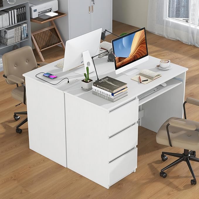 Nightcore 42” Computer Desk with Power Outlets Writing Desk with 3 Storage Drawer &amp Keyboard Modern PC Workstation Study Desk for Bedroom Home Office (White)