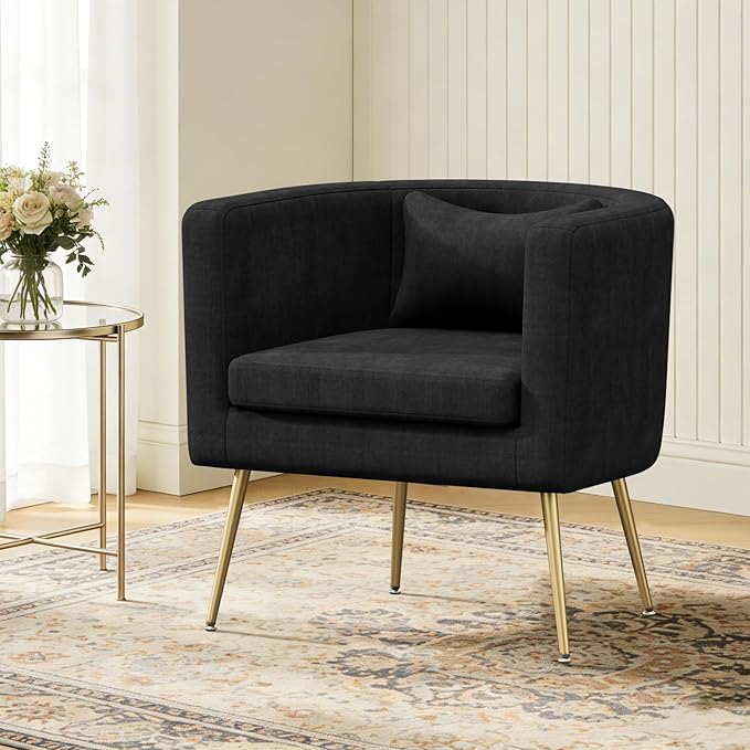 Velvet Accent Chair Modern Barrel Armchair with Lumbar Pillow &amp Gold Legs Upholstered Club Chairs for Living Room/Bedroom/Guest Reception Black