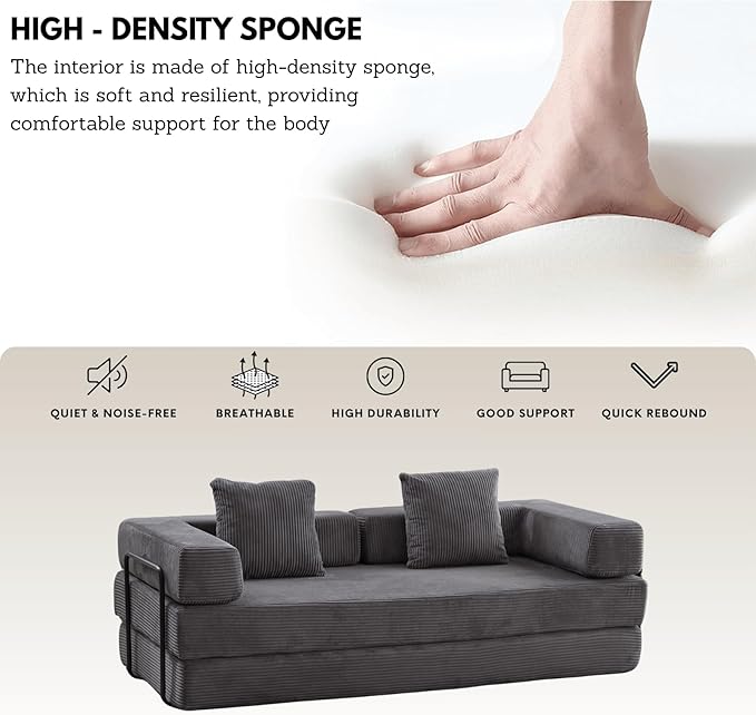 Alpen Boneless Couch Bed 4-in-1 Fold Out Couch Bed with L-Shaped Armrests Futon Chair Sleeper Sofa Mattress Fold Out Comfy Lounge for Living Room Bedroom Apartment Dark Grey