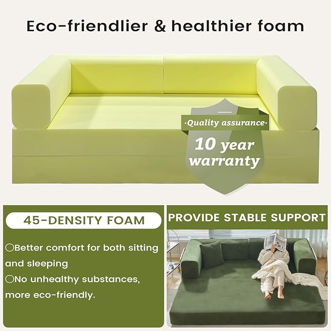 Convertible Sleeper Sofa Bed Corduroy Upholstered Green Modular Floor Couch Queen/King Size Foldable Futon with Memory Foam for Apartment Living Room Bedroom (Green 108 Sofa) | Convertible sofa bed