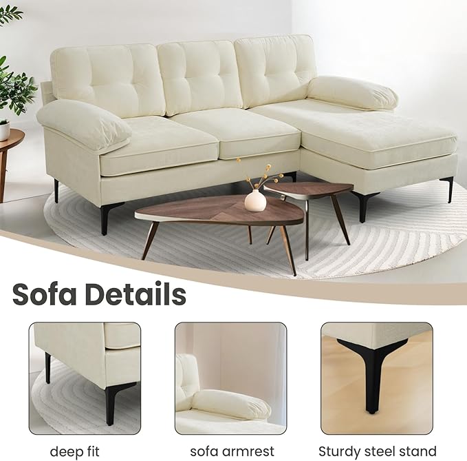 PARKOL 82in L Shaped Sectional Couches Small Lounge Sofa Couches Set Clearance Set Couch for Small Space Apartment (White (Chenille Fabric) 82 Width with Reversible Chaise)