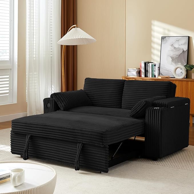 Convertible Corduroy Sofa Bed with USB Charging Port &amp Cup Holders 68.11 Foldable Sleeper Chair with Armrests &amp Pillows 3-in-1 Floor Futon for Living Room Bedroom Guest RoomEasy Assembly