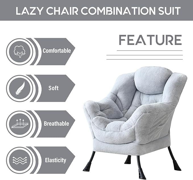 LITA Lazy Chair with Armrests and Side Pocket Modern Upholstered Accent Reading Chair for Living Room Bedroom Dorm Small Spaces Single Plush Grey