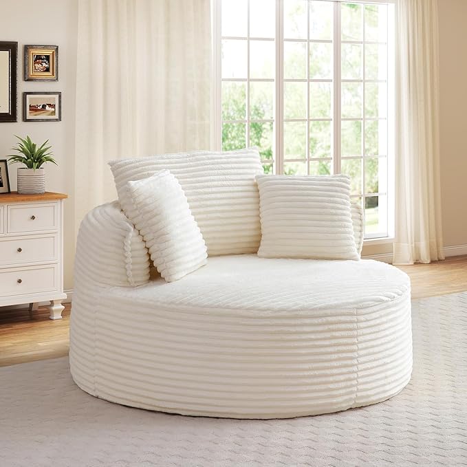53-inch Boneless Round Chair Circle Corduroy Memory Foam Upholstered Chaise Lounge Indoor Comfy Reading Accent Deep Seat Sofa Chair for Living Room Bedroom Office No Assembly Required Beige