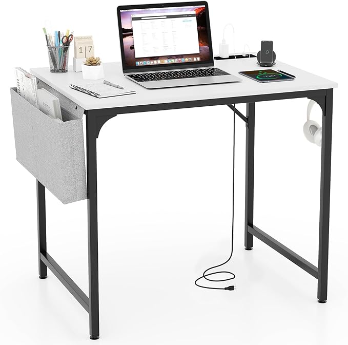 32 Inch Computer Desk Modern Writing Desk with Heavy-Duty Metal Frame Storage Bag &amp Charging Station Home Office Workstation Table for Conference &amp Meeting Room (1 White &amp Black)