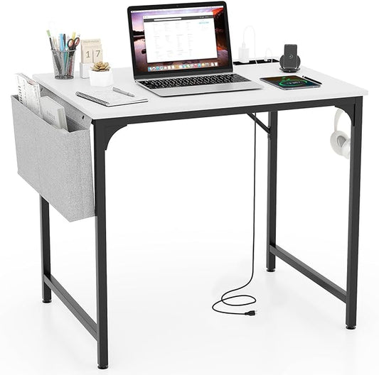 COSTWAY Home Office Desk 32 Inch Computer Desk with Recessed Power Strip Storage Bag &amp Headphone Hook Wide Desktop Modern Computer Workstation Writing Table for Home Office (White + Black)