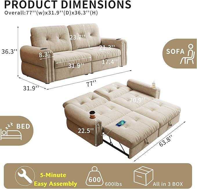77'' Pull Out Couch Full Chenille Sleeper Sofa Bed with 5-Minute Assembly Convertible Futon Sofa Bed Adjustable Backrest USB 2 Cup Holders Loveseat for Living Room Office Light Brown