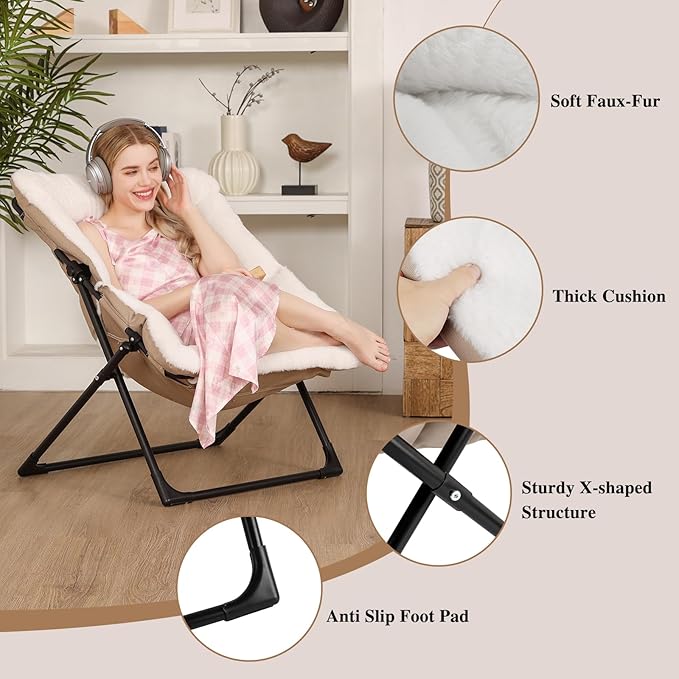 Comfy Saucer Chair for Adults Soft Faux Fur Bedroom Chair with Ottoman Accent Dorm Chairs Living Room Reading Chairs and Footstool Folding Seat for Teens X-Large White