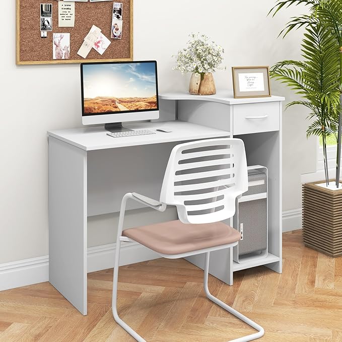 GOFLAME Computer Desk Modern Laptop PC Desk with Adjustable Shelf &amp Cable Hole Compact Writing Desk Study Desk with Monitor Stand Wooden Computer Workstation for Home Office White