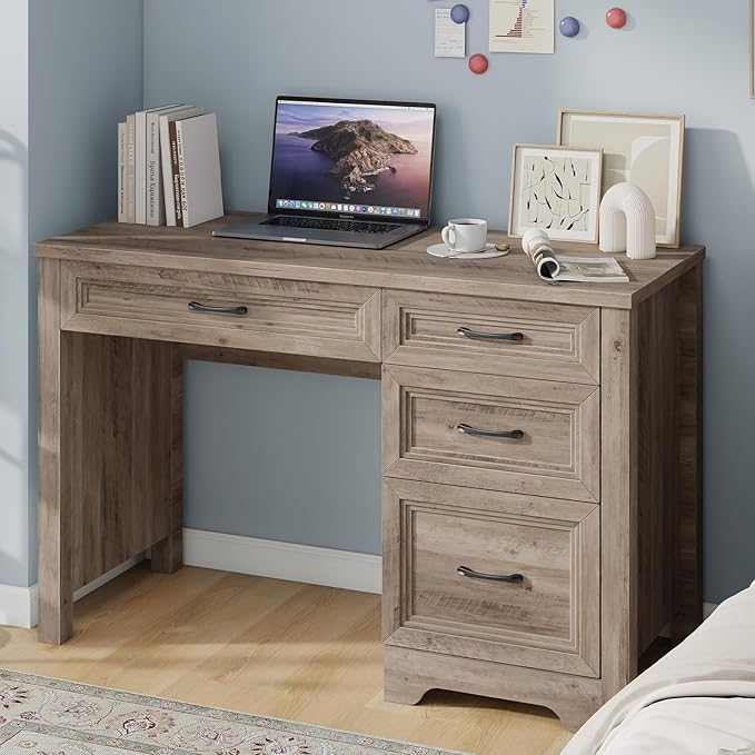Farmhouse Executive Desk with Drawers Wood Computer Desk with Ample File Drawer Rustic Home Office Desk with Storage for Bedroom Living Room Grey