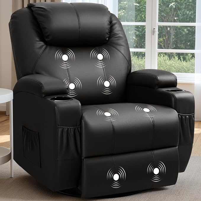 Recliner Chair 360° Swivel Rocker Chair for Adults Rocking Recliner Chair with Massage Comfy Single Sofa with Side Pockets Cup Holders for Living Room Bedroom Nursery (Leather Black)