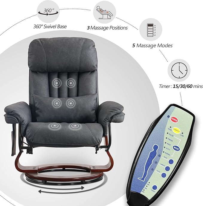 MCombo Swivel Recliner with Ottoman Chenille Fabric TV Chair with Vibration Massage Ideal for RV Small Space Living Room &amp Bedroom 4999 (Faux Leather Dark Grey)