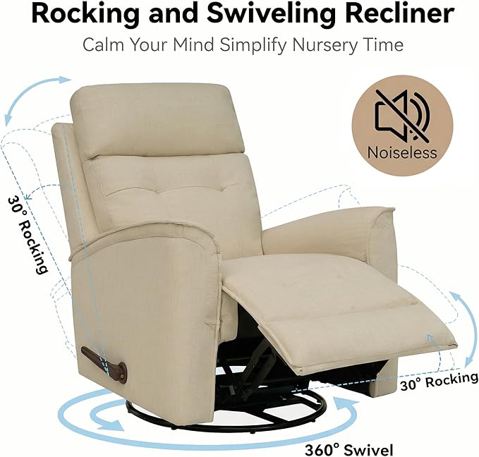 360° Swivel Manual Recliner Nursery Recliner Chair with Lumbar SupportRocker Recliner Chair for Adults Small Recliner for Living Room Bedroom Nursery Chenille Beige