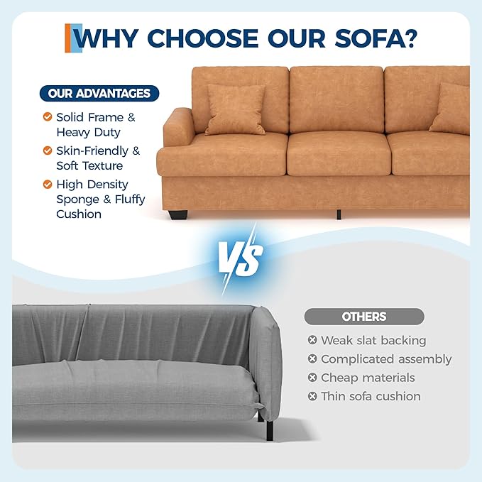 IDEALHOUSE Modern 86 Leather Sofa with 2 Throw Pillows Deep Seat Couch with Upholstered Cushion &amp Removable CoverComfy Faux Leather Sofa Couch for Small Space Apartment Lounge Brown