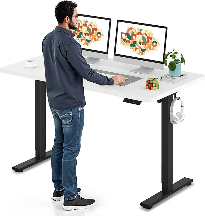 SANODESK Electric Standing Desk 55 x 28 Inches Whole-Piece Desktop Height Adjustable Stand Up Desk w/6-Button Controller Ergonomic Computer Desk for Home Office Black Frame + White Tabletop