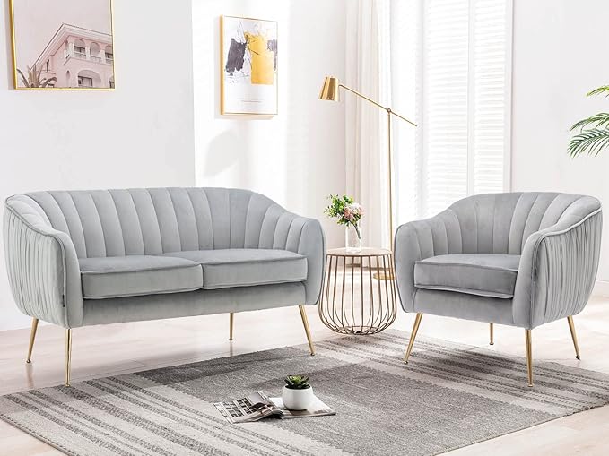 Velvet Couch Sofa Chairs for Two People Modern Loveseat for Living Rooms Bedrooms Small Spaces Golden Finished Grey