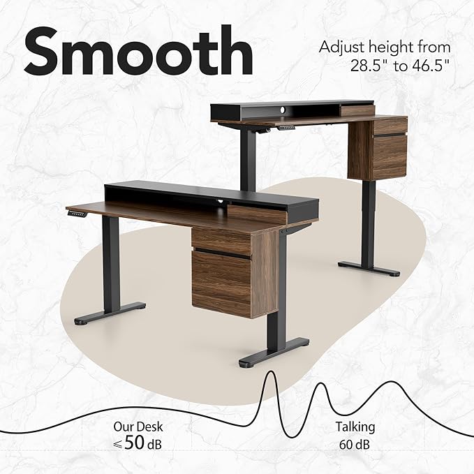 HUANUO Standing Desk with Drawers and File Cabinet 47 Inch Electric Height Adjustable Desk with Storage Ergonomic Stand Up Table Compatible with Monitor Stand Black Walnut