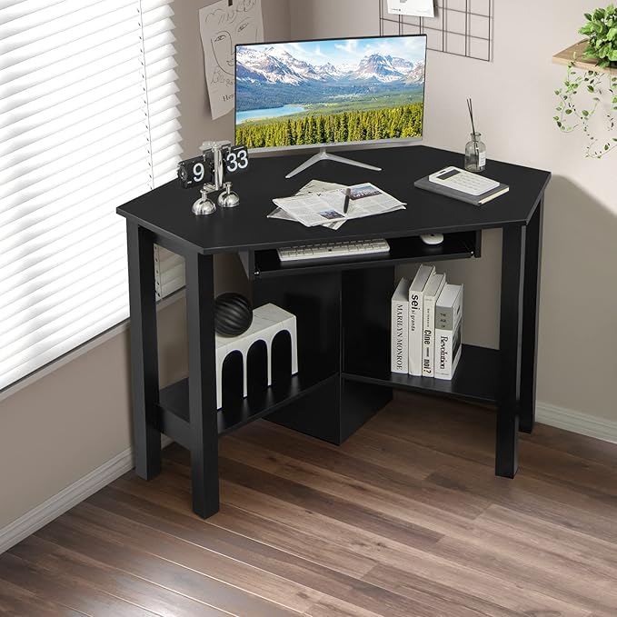 Tangkula Corner Desk with Keyboard Tray Triangle Corner Computer Desk for Small Space Bedroom Corner Makeup Vanity Desk with Storage Shelves Space Saving Corner Writing Desk