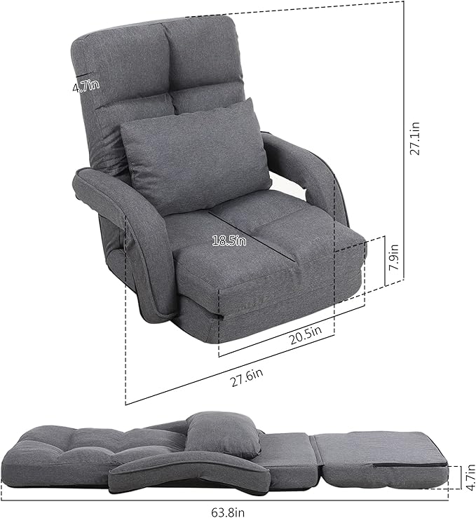 Indoor Floor Chair with Armrest and Pillow Folding Chaise Lounge Sofa 14-Position Adjustable Comfy Gaming Recliner Chair Padded Seats for Adults (Grey)