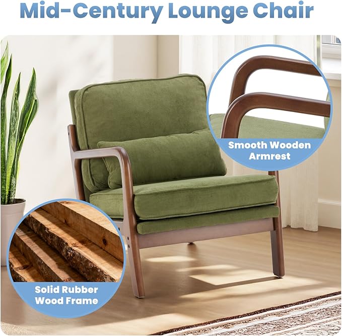 DUMOS Mid Century Accent Chair Modern Living Room Chairs with Arms and Waist Cushion Reading Chairs for Adults Lounge Chair for Bedroom Solid Wooden Frame Classic Green