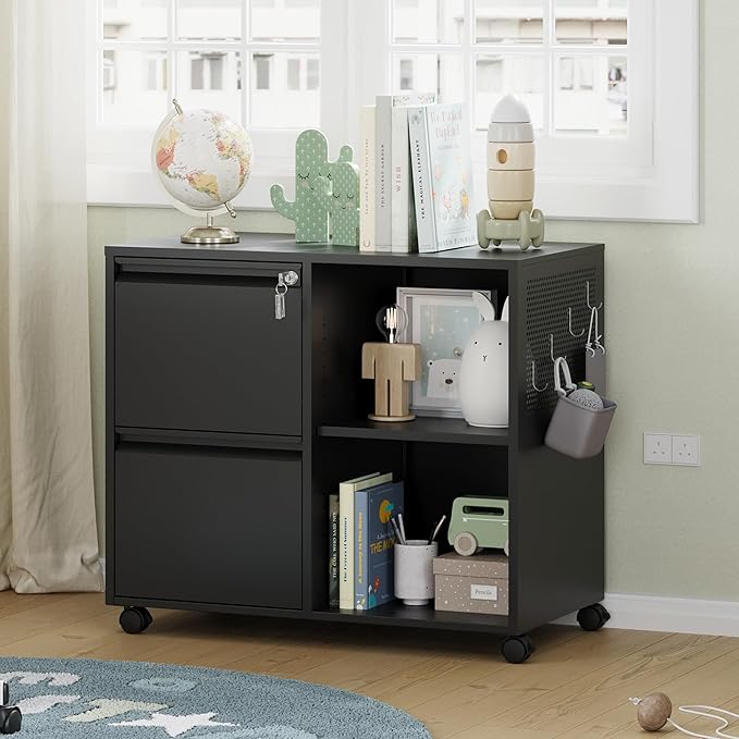 Letaya Mobile File Cabinet Metal Lateral Rolling Printer Stand Filing Cabinets with Shelves for Home Office-Storage A4/F4 (Black)