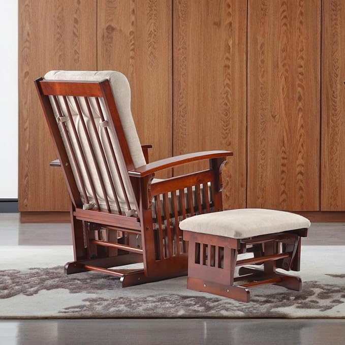 Solid Wood Glider Rocking Chair and Ottoman Set Rustic Nursery Glider Rocker with Padded Cushion Smooth Rocking Motion Indoor Living Room NursingNappingReading Cream
