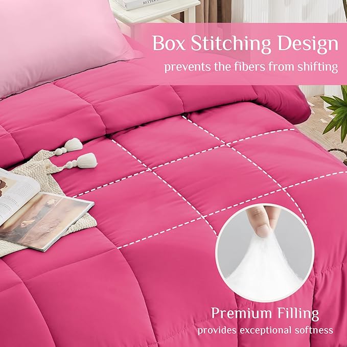 JOLLYVOGUE Twin Comforter Set Ultra-Soft Bed in a Bag Twin Size 5 Pieces Oeko-TEX Certified Bedding Set with Down Alternative Comforter Sheets Pillowcases &amp Shams Hot Pink &amp Baby Pink